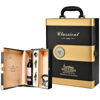 Boîte-cadeau noir de bouteille de vin de bouteille de la sublimation 2 de cuir d'or de blanc avec des accessoires