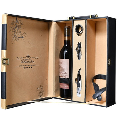 Boîte-cadeau noir de bouteille de vin de bouteille de la sublimation 2 de cuir d'or de blanc avec des accessoires