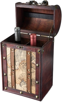 Boîte en bois à vin de conception antique de carte de cuir de Faux de 2 bouteilles avec le couvercle et la poignée