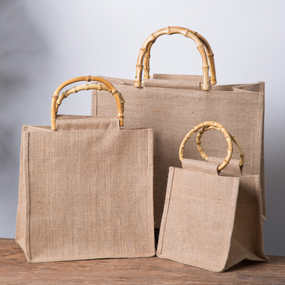 Bon prix Poignée en bambou de achat réutilisable de Tote Bag Jute Tote Bag de toile de jute en ligne